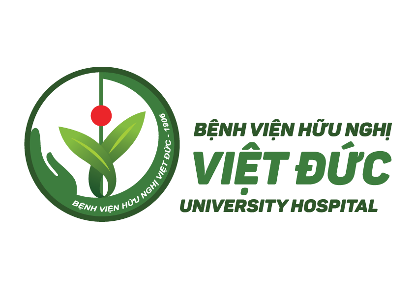 Logo chính thức có nội dung text của Bệnh viện Hữu nghị Việt Đức, gồm biểu tượng tròn màu xanh lá và dòng chữ BỆNH VIỆN HỮU NGHỊ VIỆT ĐỨC UNIVERSITY HOSPITAL
