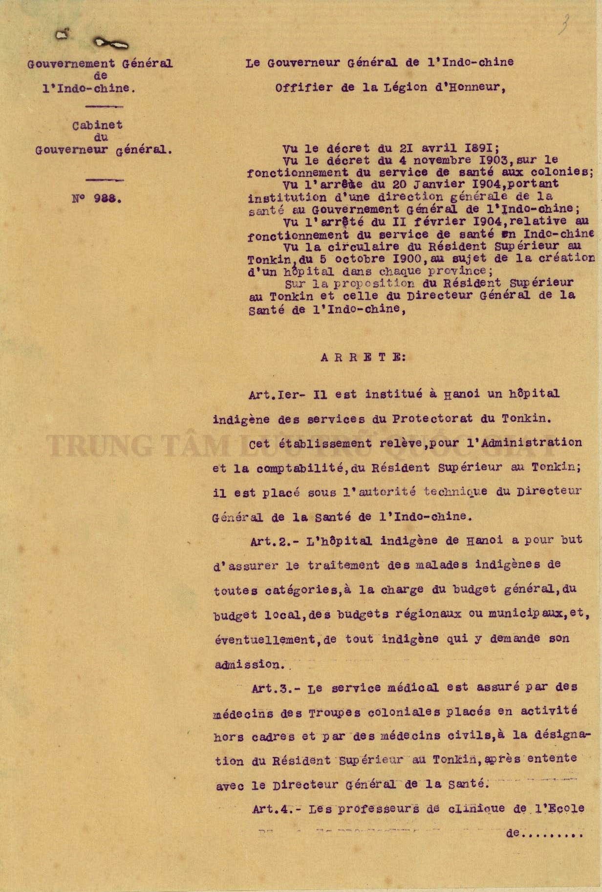 1904 – Quyết định thành lập Bệnh viện Bản xứ của Chính quyền Bảo hộ