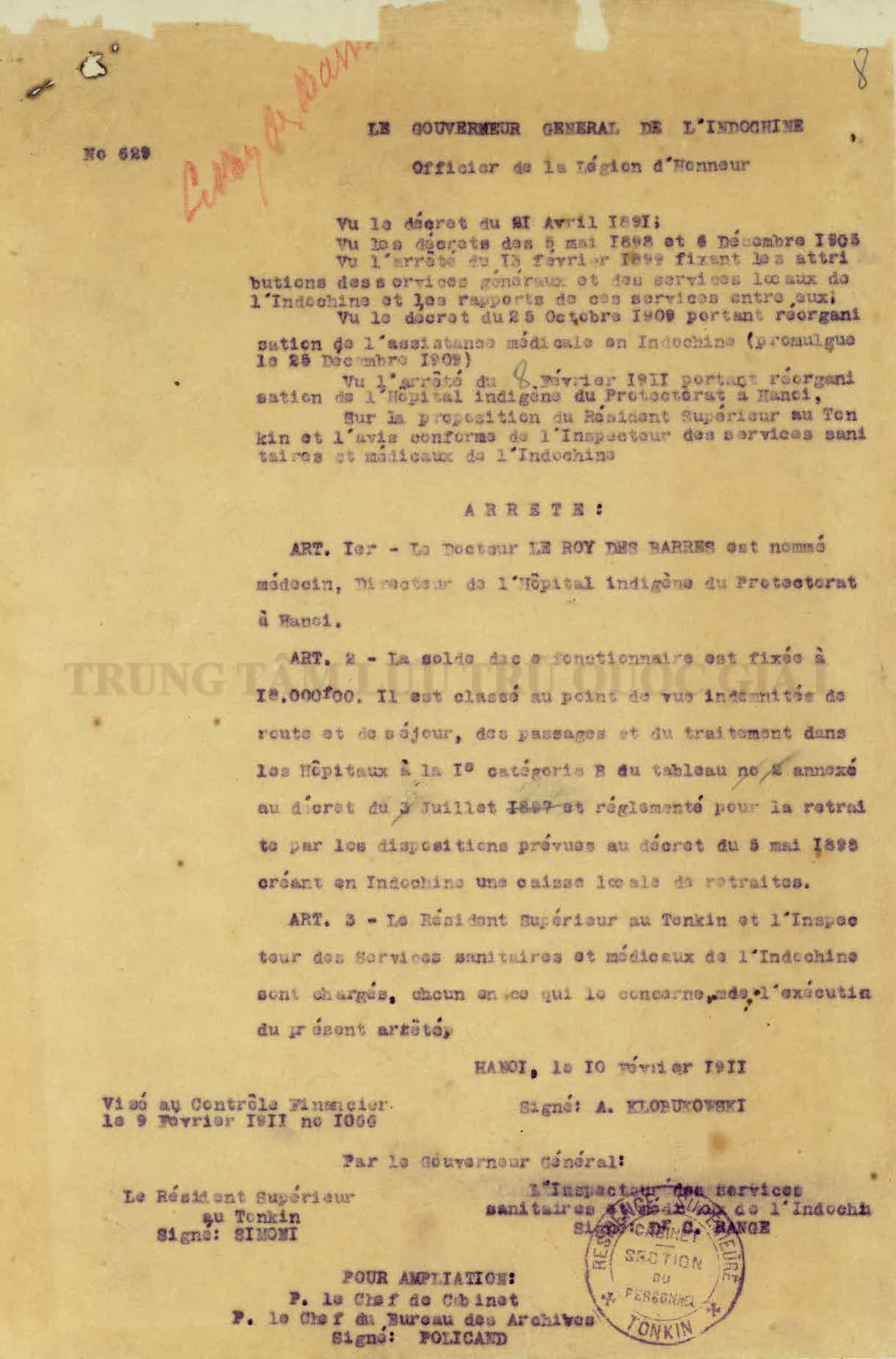 1911 – Quyết định bổ nhiệm BS. Le Roy des Barres làm Giám đốc Bệnh viện bản xứ của Chính quyền Bảo hộ (nhiệm kỳ 2)